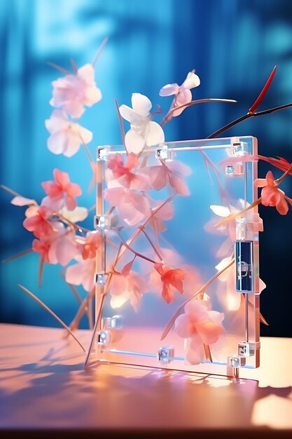 Photo of acrylic oblong card tied to bamboo branches with translucent blank white design shape art