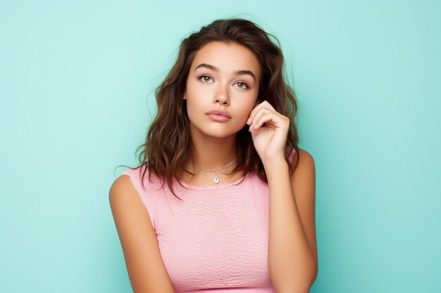 Photo of admiring young pretty girl brown hair wear pink crop top touch finger chin dreams look novelty isolated on cyan color background