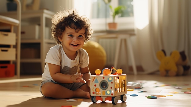 photo adorable baby playing with toy at home on the floorlittle babyplay toy generated by AI