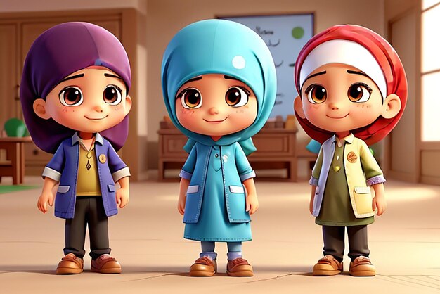 Photo adorable and cute muslim children cartoon character