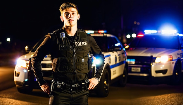 photo of adult teen new gen police officer law enforcement standing in front of police car at night with back light generative AI