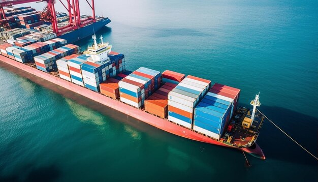 Photo aerial view of cargo ship and cargo container in harbor commercial photography