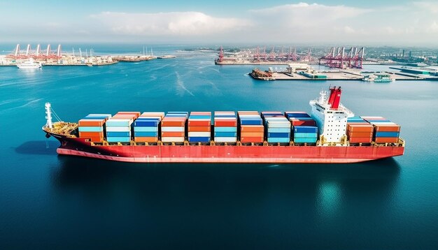 Photo aerial view of cargo ship and cargo container in harbor commercial photography