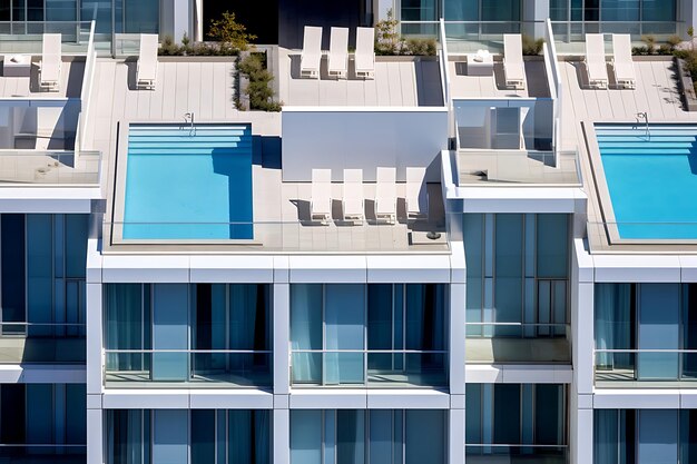 Photo of aerial view of urban rooftop pools