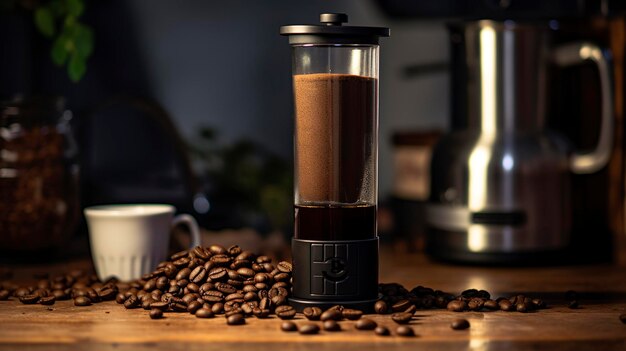 Photo a photo of an aeropress coffee maker and coffee beans