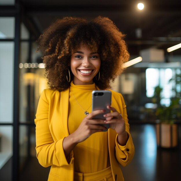 photo african american woman holds modern mobile phone surfs net checks newsfeed in social networks