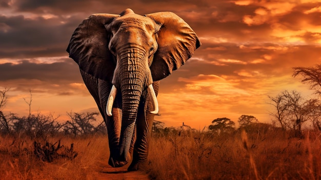 Photo of African Elephant on savanna at sunset