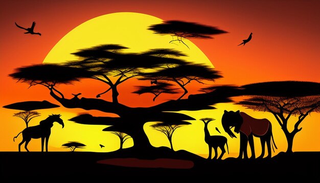 Foto paesaggio africano con la silhouette di molti animali al tramonto