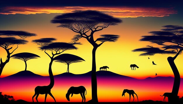 Foto paesaggio africano con la silhouette di molti animali al tramonto