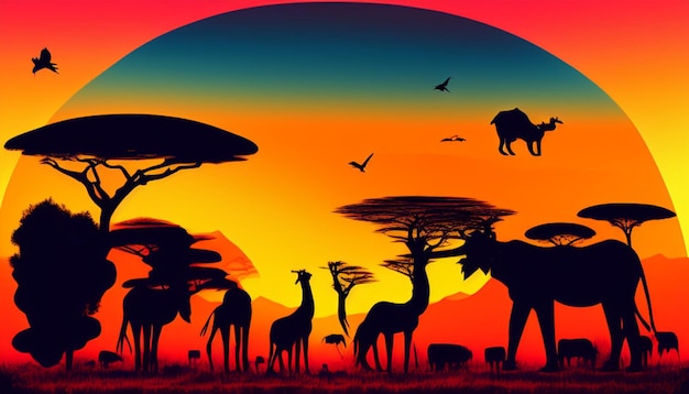 Photo african landscape with the silhouette of many animals at sunset generative ai