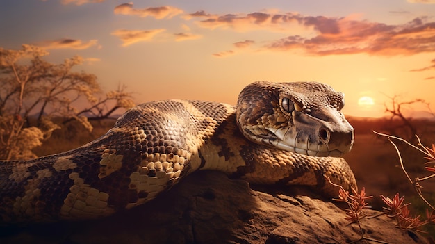 Photo of African Rock Python on savanna at sunset