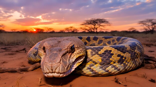 Photo of African Rock Python on savanna at sunset