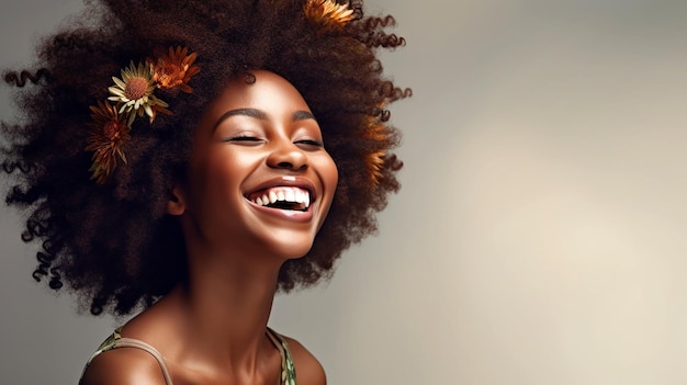 아름다움 개념에 대 한 예쁜 아프리카 여자 미소 사진 아프로 아름다움