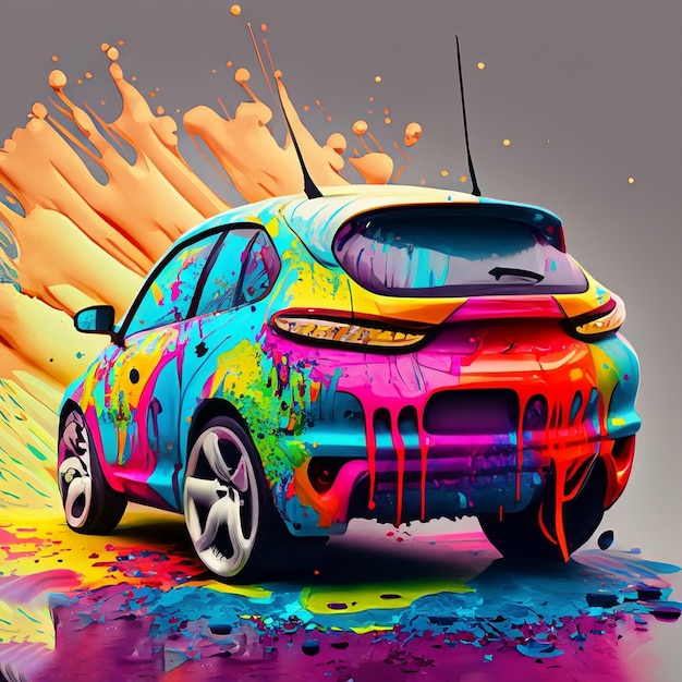 Photo ai generated illustration of car covered withsplah colorful paint