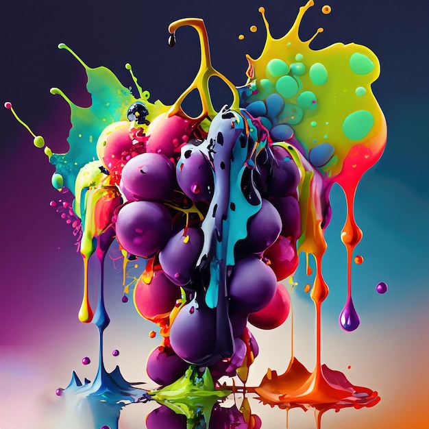 Photo ai generated illustration grape dripping with colorful paint splashes and drops
