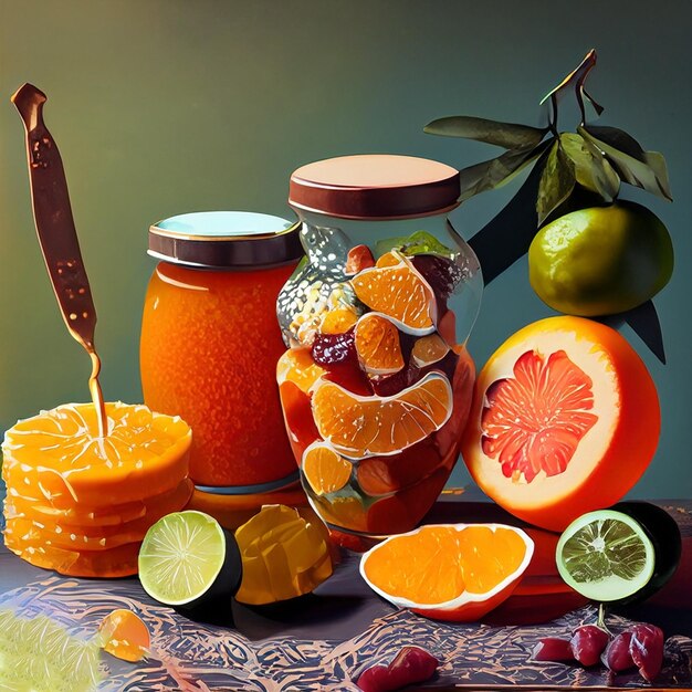 Photo ai generated illustration still life of assorted citrus honey and juice