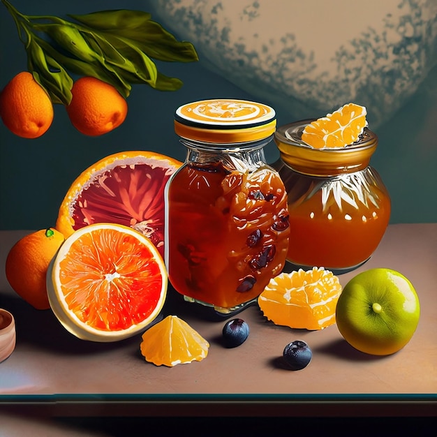 Photo ai generated illustration still life of assorted citrus honey and juice