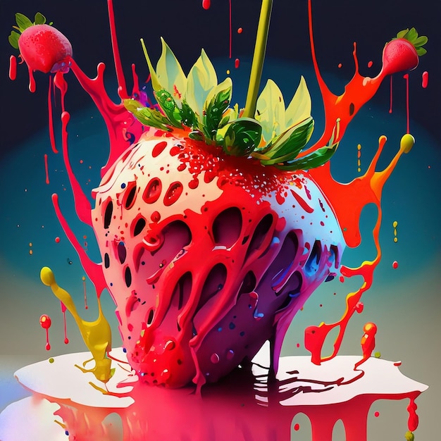 Photo ai generated illustration strawberry dripping with colorful paint splashes and drops