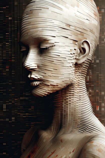 인공지능으로 생성된 여성의 얼굴 사진, 복잡한 선과 패턴, 기술, 빅데이터 개념