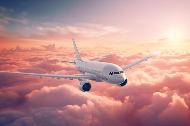 A photo of airplane flying above clouds in sunset