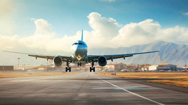 Фотография самолета, взлетающего на взлетно-посадочной полосе в терминале аэропорта