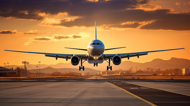 Photo of an airplane taking off on runway at the airport terminal