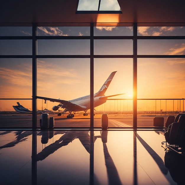 Photo airport interior with window sunset