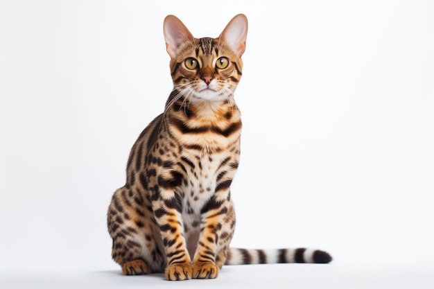 Photo of an alert Bengal cat with its distinctive leopardlike spots on a clean white surface Gener