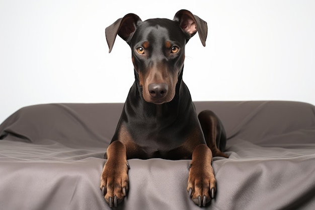 Photo photo of an alert doberman pinscher in a watchful stance on a pure white sheet generative ai