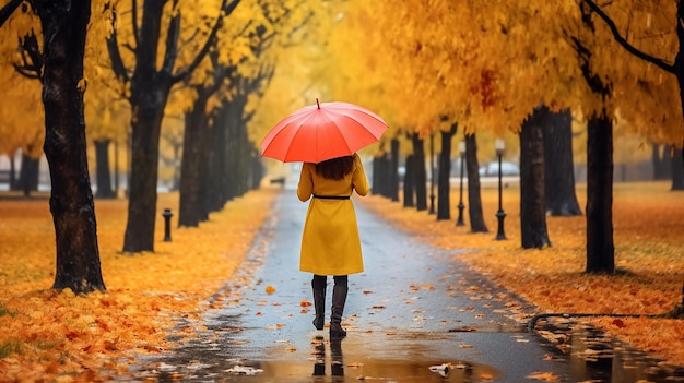 雨天の黄色い傘を被った秋の公園の道で独りぼっちの女の子の写真