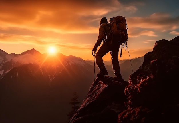 아름다운 자연을 배경으로 산 언덕 꼭대기에 혼자 여행하는 등산객의 사진