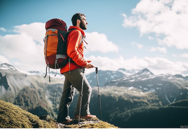 Photo of alone traveler hiker on top of the mountain hill with beautiful nature background