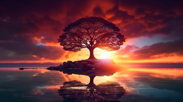 Photo of alone tree in evening nature landscape