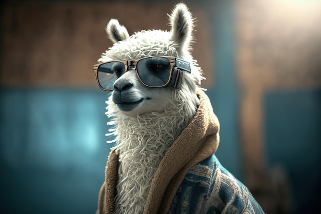 Photo of alpaca dressed as a human with sunglasses, generative ai