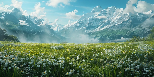 Photo photo of alpine meadows in bloom with swiss alps