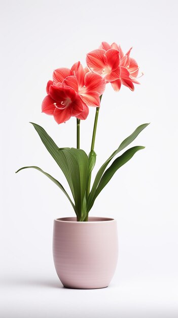 Photo of Amaryllis flower in pot isolated on white background