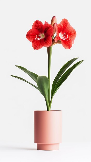 Photo of Amaryllis flower in pot isolated on white background