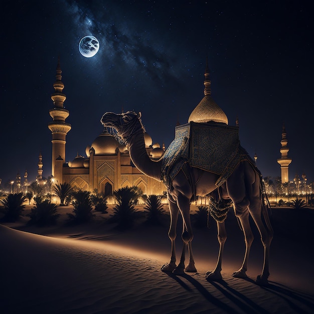 Фото удивительного верблюда и козла перед мечетью на траве с исламской атмосферой