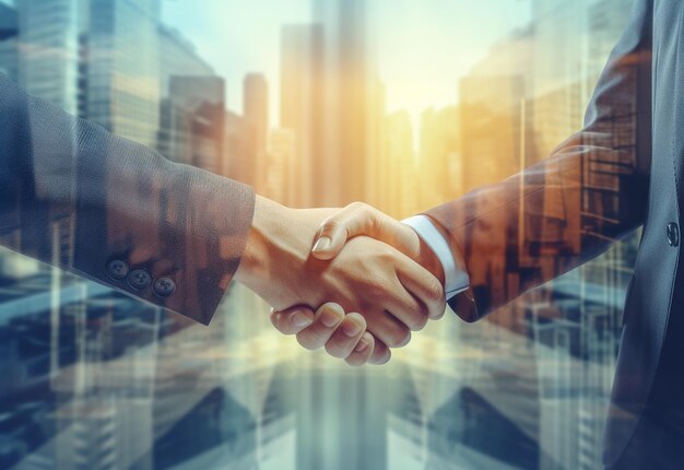 photo american business male people shaking hands skyscrapers in the background