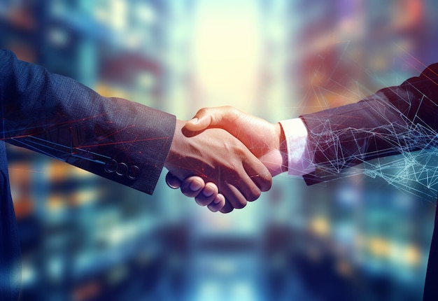 photo american business male people shaking hands skyscrapers in the background