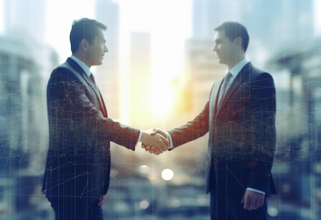 фото американский бизнес мужчины люди пожимают друг другу руки небоскребы на заднем плане
