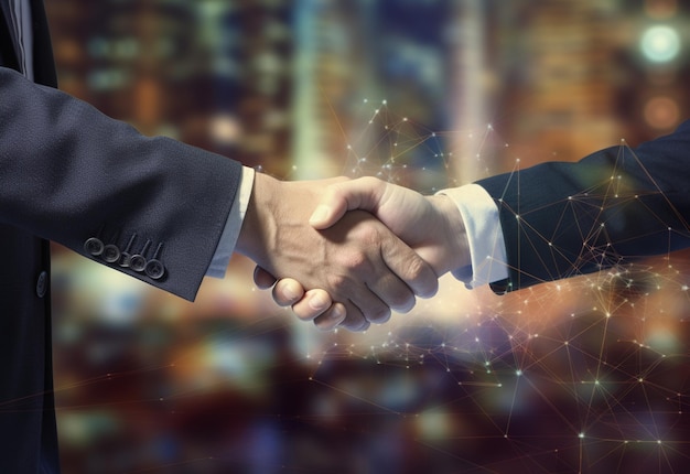 photo american business male people shaking hands skyscrapers in the background