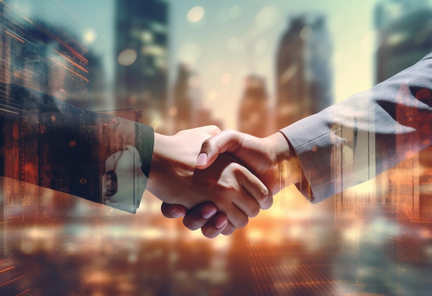 photo american business male people shaking hands skyscrapers in the background