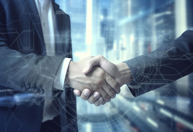 photo american business male people shaking hands skyscrapers in the background