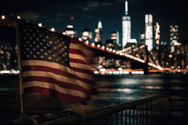 Фотография американского флага перед эффектом боке городского пейзажа на заднем плане Generative AI