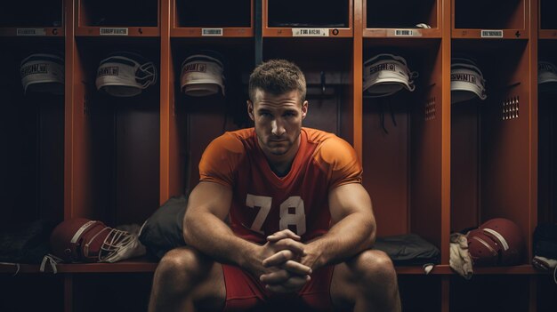 Photo photo of american football players pouting in the locker room generated by ai