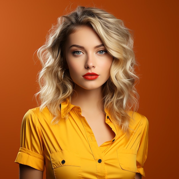 Photo of american woman with beautiful face on yellow background