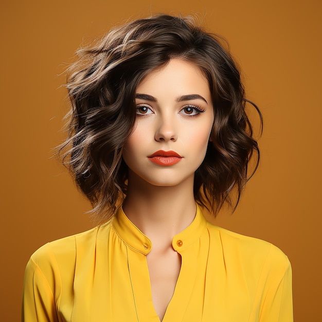 Photo of american woman with beautiful face on yellow background