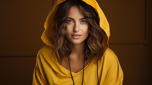 Photo of american woman with beautiful face on yellow background