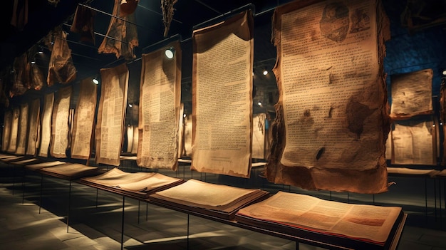 A photo of ancient manuscripts displayed in a historical art gallery